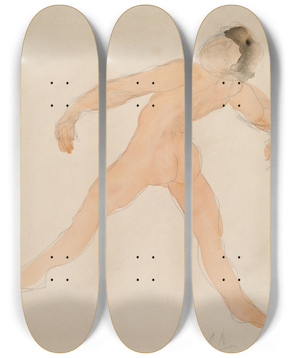 Triptych art skateboard deck of Auguste Rodin Woman Dancing With Her Head Thrown Back Rear View by Auguste Rodin (1840-1917)