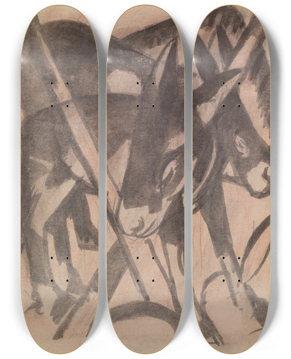 Triptych art skateboard deck of Franz Marc Two Donkeys by Franz Marc (1880-1916)