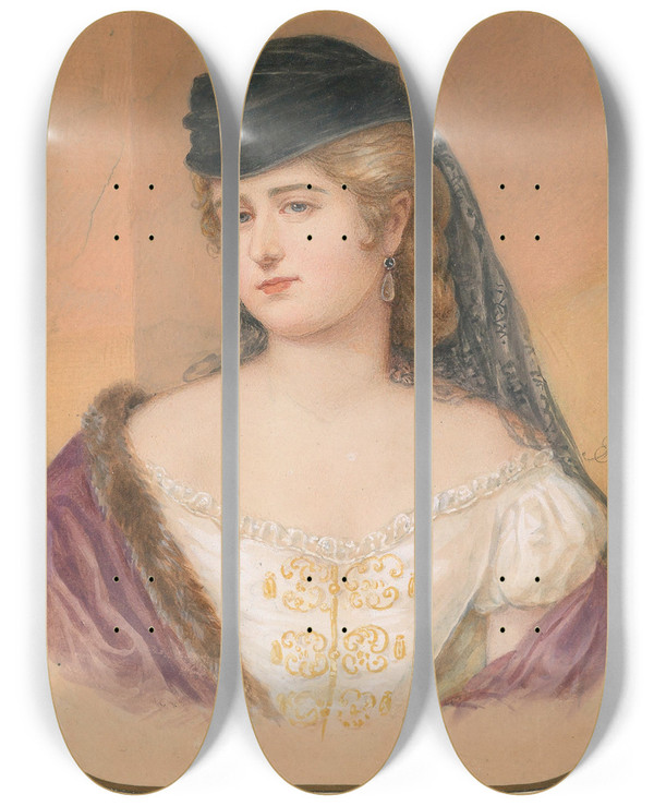 Triptych art skateboard deck of Emanuel Thomas Peter Bildnis Einer Dame Mit Schwarzem Hut Und Schleier by Emanuel Thomas Peter (1799-1873)