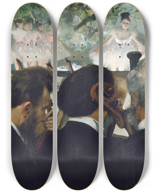 Triptych art skateboard deck of Edgar Degas Orchestra Musicians by Edgar Degas (1834-1917)