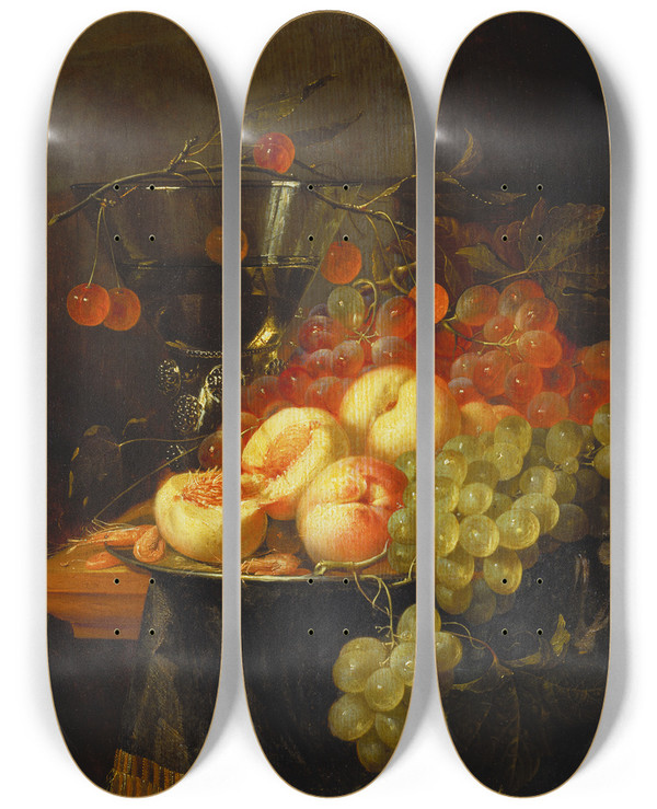 Triptych art skateboard deck of Pieter De Ring Still Life With Fruit And A Cherry Branch Over A Berkemeyer Glass by Pieter de Ring (1615-1660)