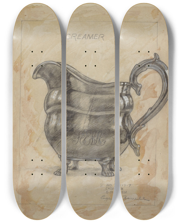Triptych art skateboard deck of Eugene Barrell Silver Creamer_1 by Eugene Barrell