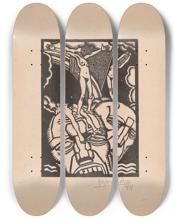 Triptych art skateboard deck of Winold Reiss Untitled Woodcut Print by Winold Reiss (1886-1953)