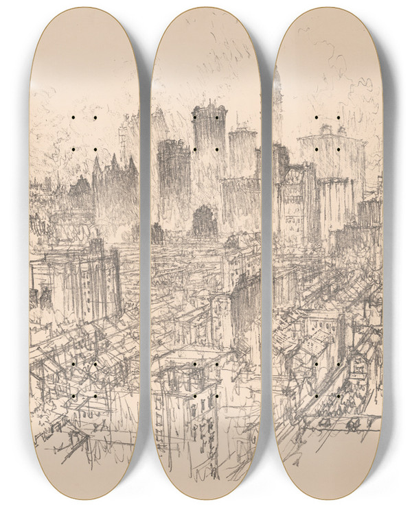 Triptych art skateboard deck of Joseph Pennell Skyscrapers From The Gladstone by Joseph Pennell (1857-1926)