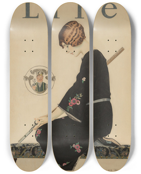 Triptych art skateboard deck of Coles Phillips Skirts Will Be Shorter This Fall by Coles Phillips (1880-1927)