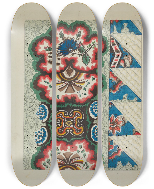 Triptych art skateboard deck of Ruth M Barnes Quilted Coverlet by Ruth M Barnes