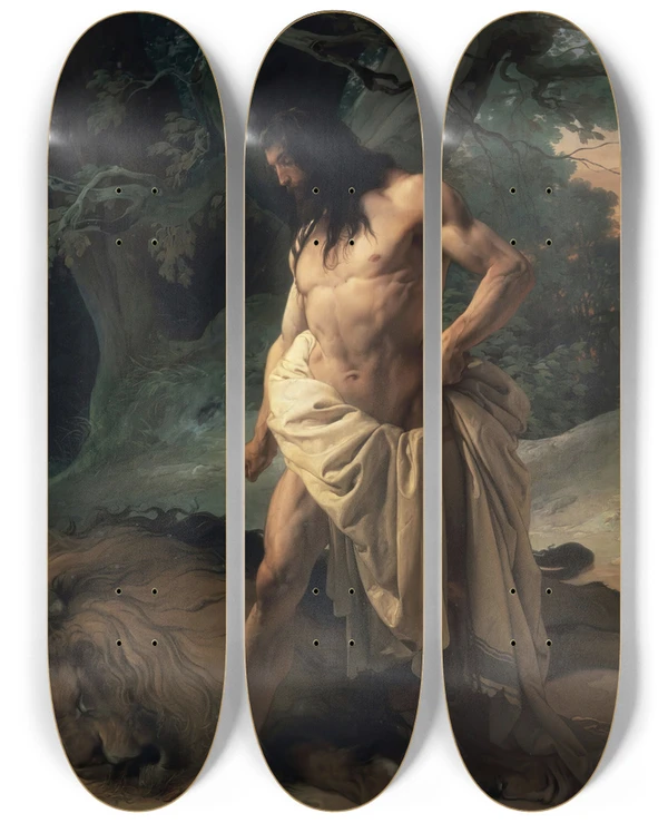 Triptych art skateboard deck of Francesco Hayez Samson And The Lion by Francesco Hayez (1791-1882)
