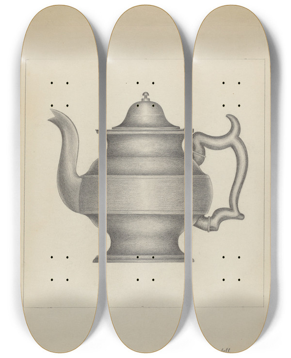 Triptych art skateboard deck of Rollington Campbell Pewter Teapot by Rollington Campbell