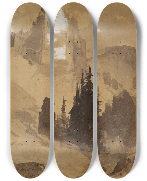 Triptych art skateboard deck of Thomas Moran Yellowstone by Thomas Moran (1837-1926)
