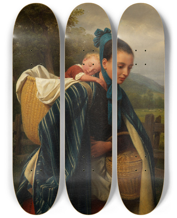 Triptych art skateboard deck of Friedrich Eduard Meyerheim Harzerin Mit Kind by Friedrich Eduard Meyerheim (1808-1879)