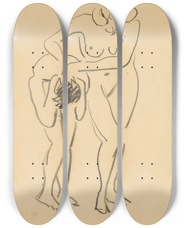Triptych art skateboard deck of Ernst Ludwig Kirchner Zwei Akte by Ernst Ludwig Kirchner (1880-1938)