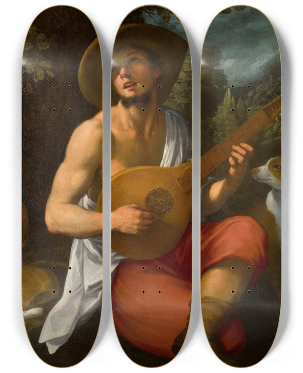 Triptych art skateboard deck of Astolfo Petrazzi A Shepherd Playing The Cetera by Astolfo Petrazzi (1579-1665)