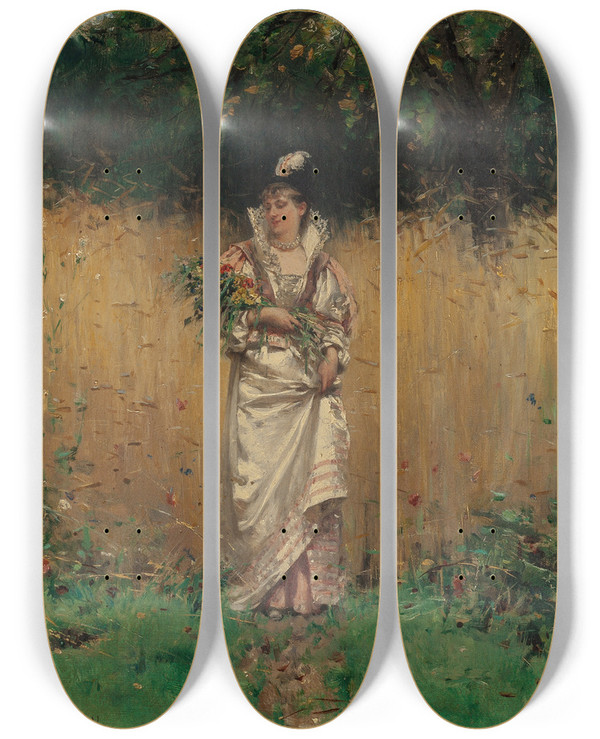 Triptych art skateboard deck of Adrien Moreau Gathering Wild Flowers by Adrien Moreau (1843-1906)