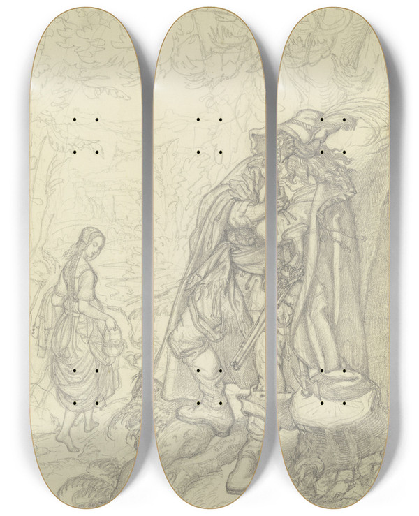 Triptych art skateboard deck of Ferdinand Fellner Ein Ruber Ein Bauernmdchen Beobachtend by Ferdinand Fellner (1799-1859)