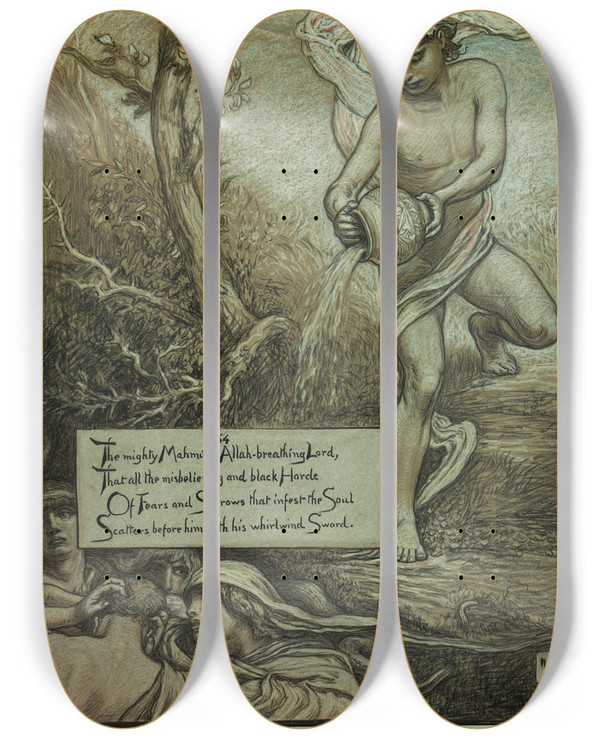 Triptych art skateboard deck of Elihu Vedder The Mighty Mahmud by Elihu Vedder (1836-1923)