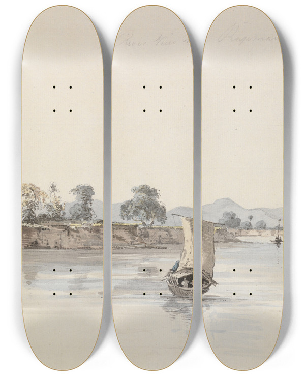 Triptych art skateboard deck of Samuel Davis River View Near Rajmahal by Samuel Davis (1757-1819)