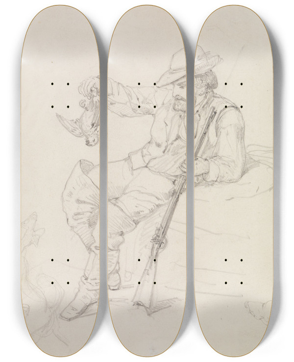 Triptych art skateboard deck of Ferdinand Keller Sitzender Jger Einen Erlegten Vogel Haltend by Ferdinand Keller (1842-1922)