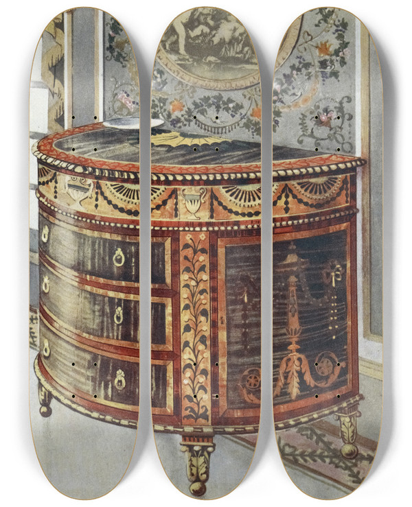 Triptych art skateboard deck of Edwin Foley Inlaid Satinwood Commode by Edwin Foley (1859-1912)