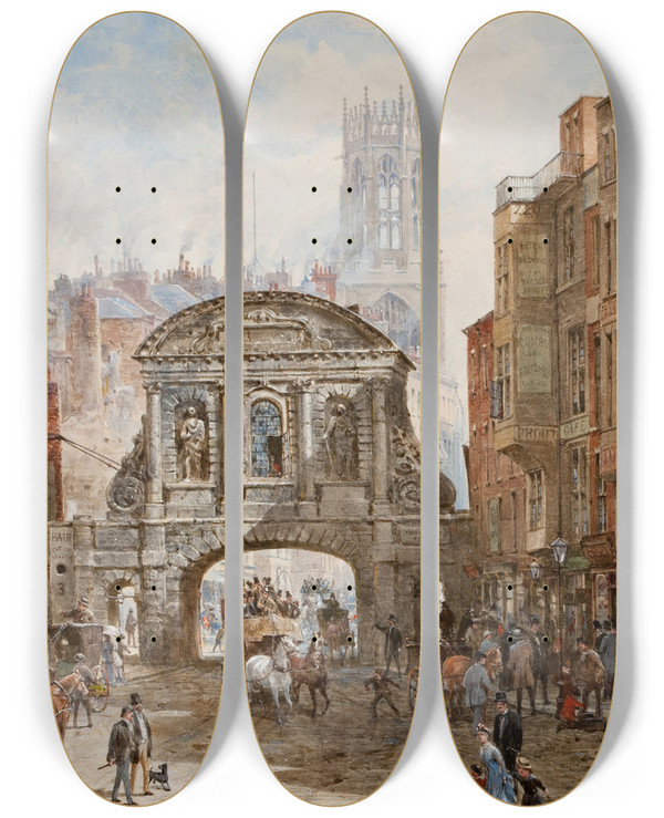 Triptych art skateboard deck of Louise Rayner Temple Bar by Louise Rayner (1829-1924)