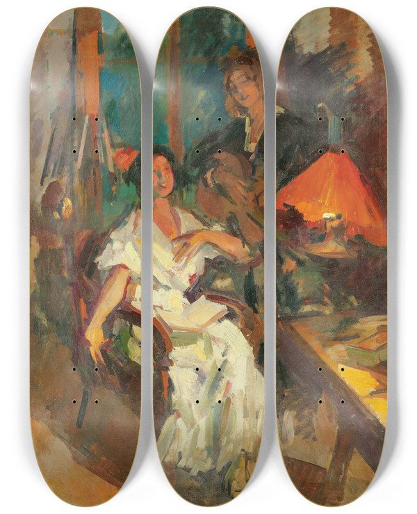 Triptych art skateboard deck of Konstantin Alexeevich Korovin Evening Duet by Konstantin Alexeevich Korovin (1861-1939)