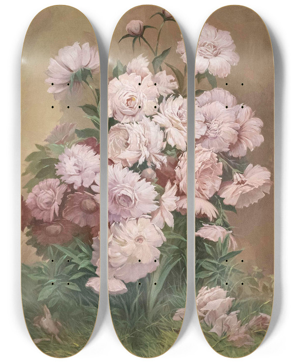 Triptych art skateboard deck of Emil Czech Blumenstck Mit Pfingstrosen by Emil Czech (1862-1929)