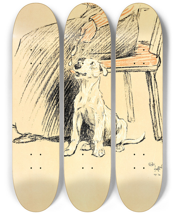 Triptych art skateboard deck of Cecil Charles Windsor Aldin A Dog Day Pl 12 by Cecil Charles Windsor Aldin (1870-1935)