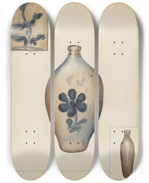 Triptych art skateboard deck of Alvin Shiren Flask by Alvin Shiren