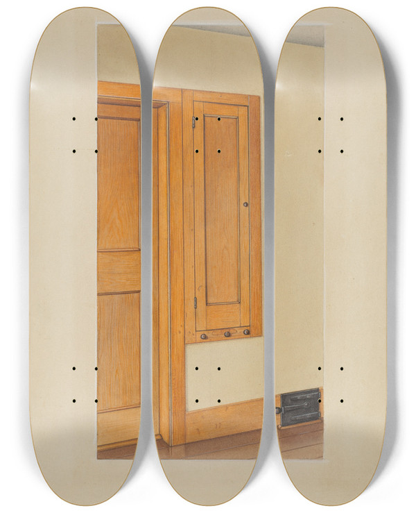 Triptych art skateboard deck of Sumner Merrill Shaker Builtin Cupboard by Sumner Merrill