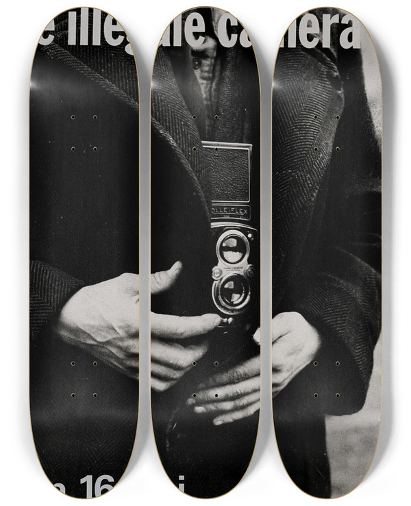 Triptych art skateboard deck of Charles Breijer De Illegale Camera by Charles Breijer (1914-2011)