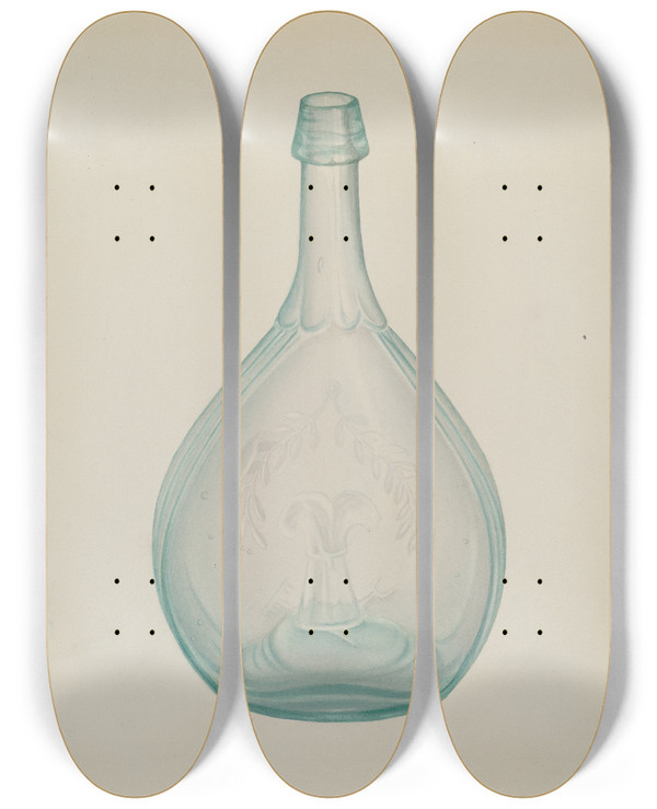 Triptych art skateboard deck of Loraine Makimson Bottle by Loraine Makimson