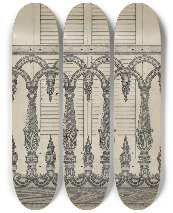 Triptych art skateboard deck of Thomas Byrne Cast Iron Balcony Rail_1 by Thomas Byrne