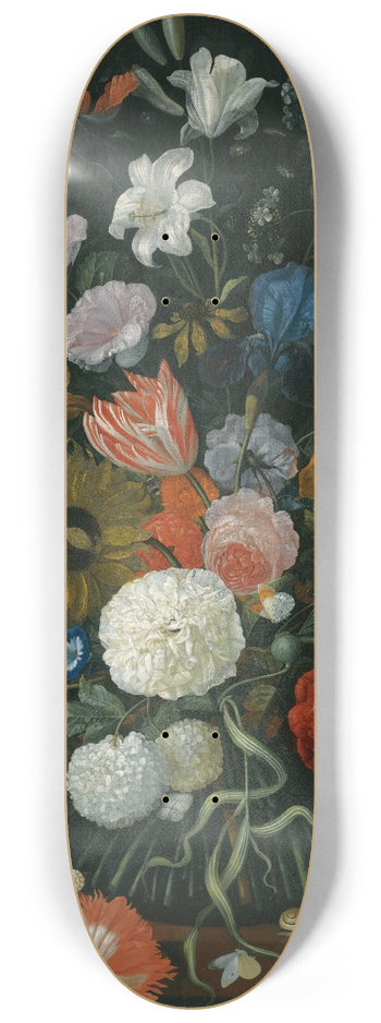 Jacob Rootius - Still Life Of Flowers In A Vase On A Stone Ledge With A Corn Cob And A Snail 8.25 inch art skate deck