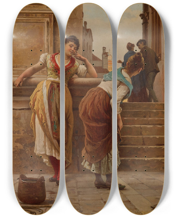 Triptych art skateboard deck of Antonio Ermolao Paoletti A Quick Peek by Antonio Ermolao Paoletti (1834-1912)