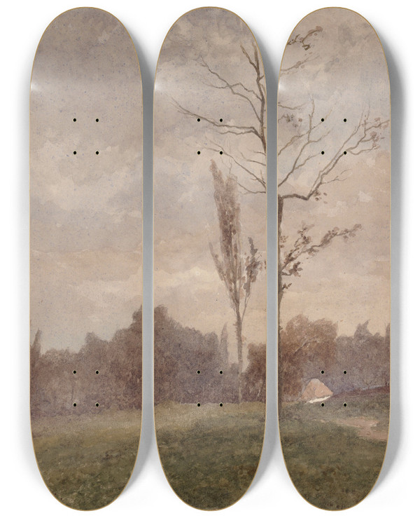 Triptych art skateboard deck of Edouard Jules Joseph Huberti Landscape by Edouard Jules Joseph Huberti