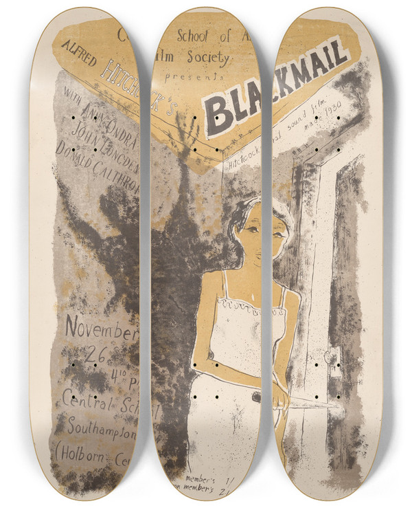 Triptych art skateboard deck of Michael Biddle Alfred Hitchcocks Blackmail by Michael Biddle (1934-2013)