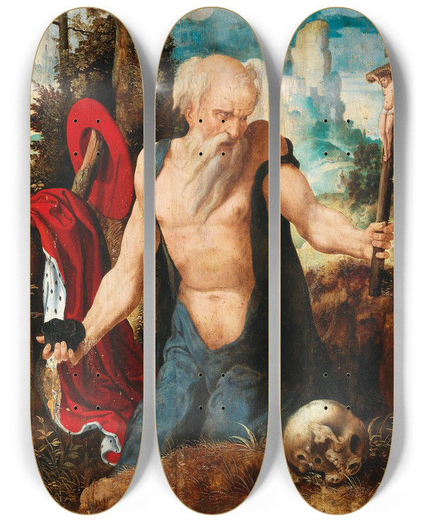 Triptych art skateboard deck of Pieter Coecke Van Aelst Saint Jerome by Pieter Coecke Van Aelst (1502-1550)