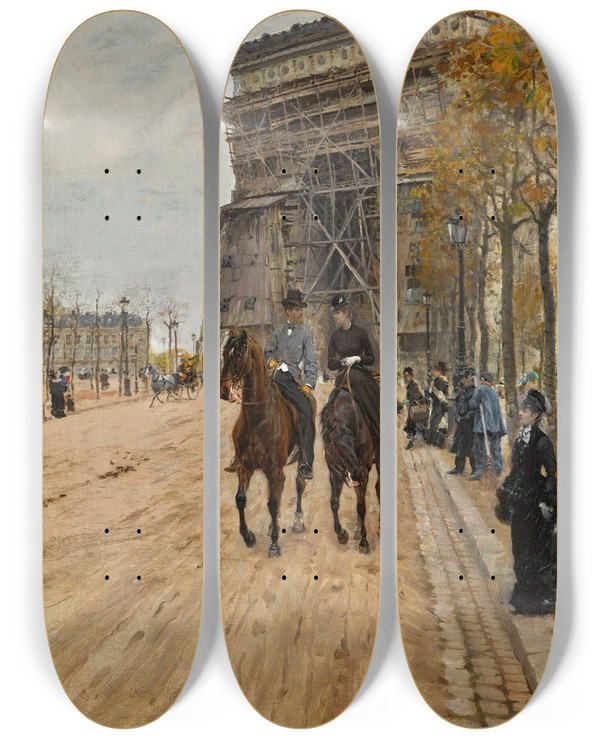 Triptych art skateboard deck of Giuseppede Nittis Larc De Triomphe Paris by Giuseppe De Nittis (1846-1884)