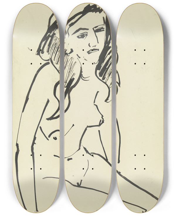 Triptych art skateboard deck of Ernst Ludwig Kirchner Mdchenakt Sitzend by Ernst Ludwig Kirchner (1880-1938)