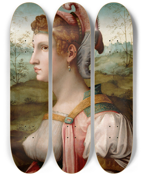 Triptych art skateboard deck of Bacchiacca Sibyle by Bacchiacca (1494-1557)