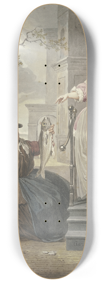 Jacobus Buys - Eine Dame steht mit ihrer Magd vor ihrem Haus und handelt mit einer Fischverkuferin 8.25 inch art skate deck