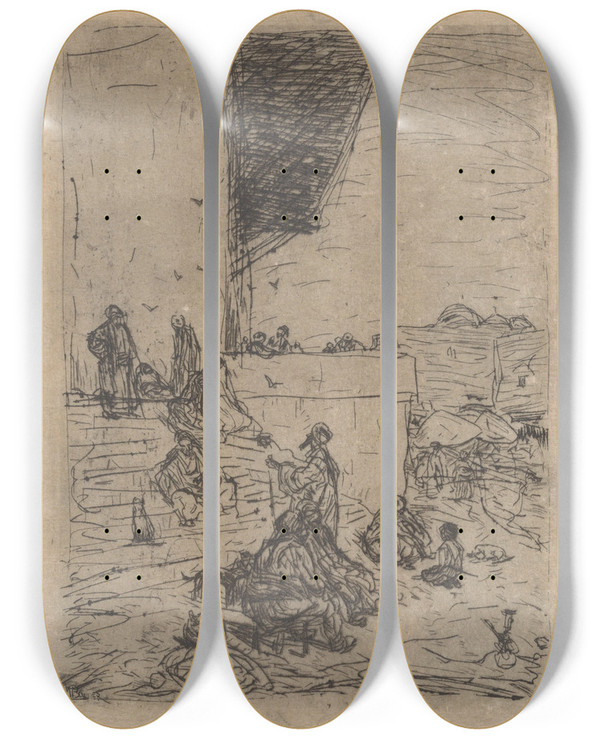Triptych art skateboard deck of Marius Bauer Markt Voor Een Moskee by Marius Bauer (1867-1932)
