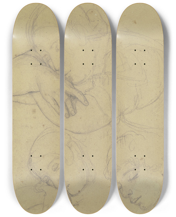 Triptych art skateboard deck of Friedrich Wasmann Studienblatt Mit Einem Ber Verschrnkten Armen Schlafendem Mdchen by Friedrich Wasmann (1805-1886)