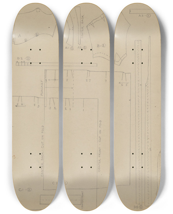 Triptych art skateboard deck of Nancy Crimi Dress Pattern_2 by Nancy Crimi (20-)