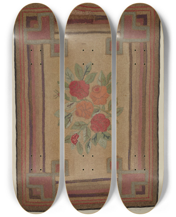 Triptych art skateboard deck of Alice Cosgrove Hooked Rug by Alice Cosgrove