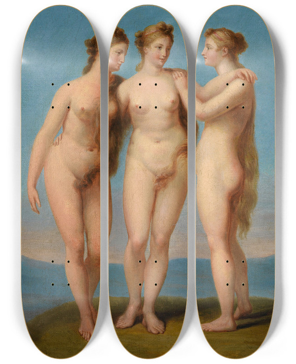 Triptych art skateboard deck of Jeanbaptiste Regnault The Three Graces by Jean-Baptiste Regnault (1754-1829)