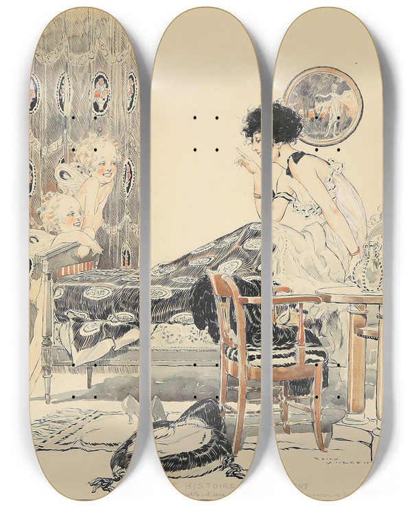 Triptych art skateboard deck of Ren Vincent La Vie Parisienne by Rene Vincent (1879-1936)