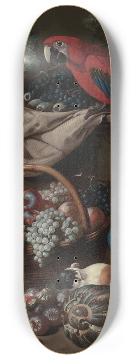 Jacob van de Kerckhoven - Still Life With Two Parrots, A Guinea Pig,A Basket Of Fruit And Fowl 8.25 inch art skate deck