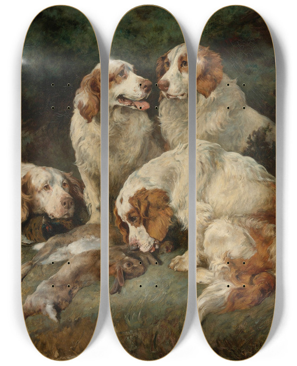 Triptych art skateboard deck of John Emms Clumber Spaniels With Thedays Bag by John Emms (1843-1912)