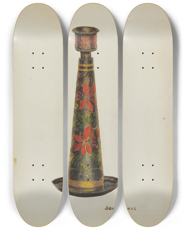 Triptych art skateboard deck of John Hall Toleware Candlestick by John Hall