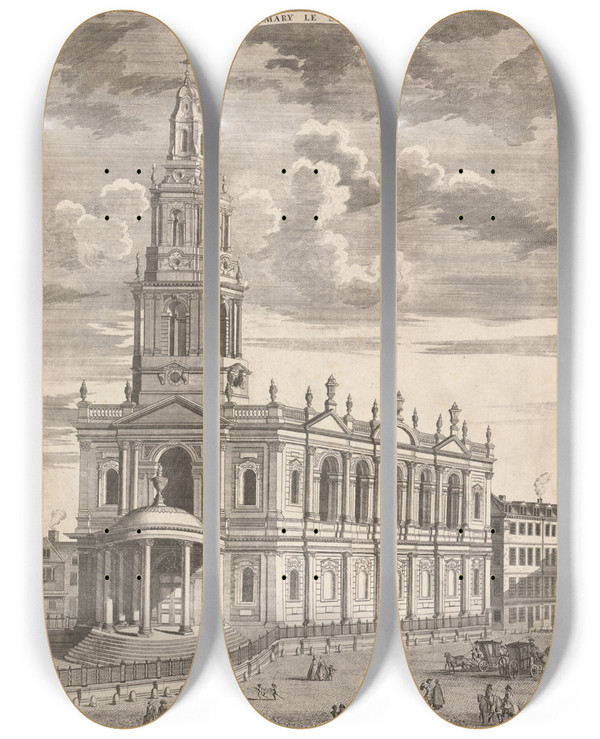 Triptych art skateboard deck of Sutton Nicholls St Mary Le Strand by Sutton Nicholls (1700-1740)